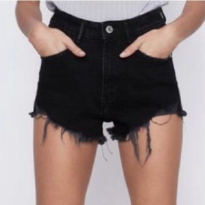 Zara High Rise Distressed Frayed Hem Black Denim Shorts